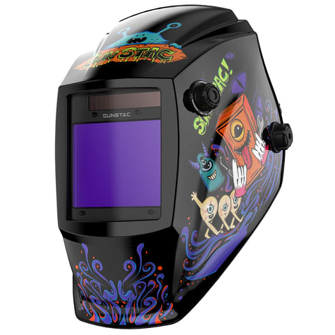 Sunstac welding helmet with large viewing screen for clear visibility.