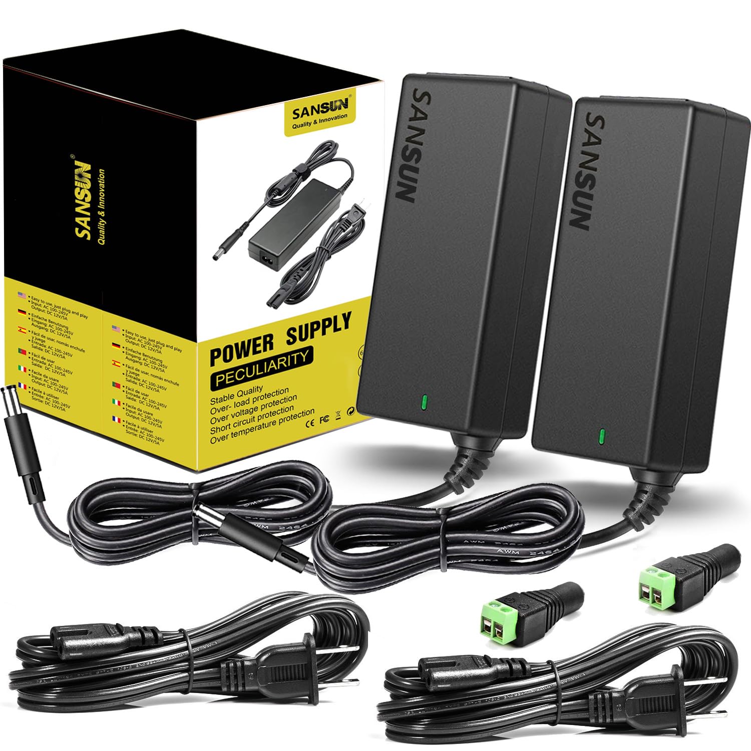 SANSUN 12V 5A power supply front view, ready for LED and CCTV setups.