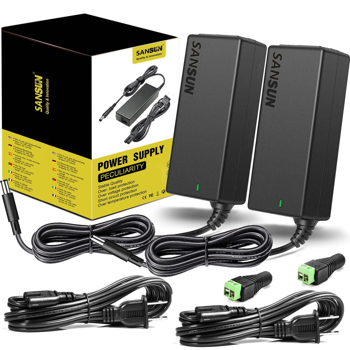 SANSUN 12V 5A power supply front view, ready for LED and CCTV setups.