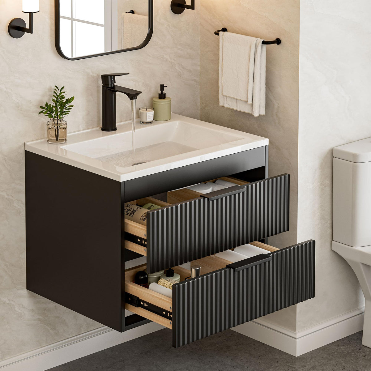 SUNTAGE 24in modern MDF vanity front view with floating design for a minimalist bathroom
