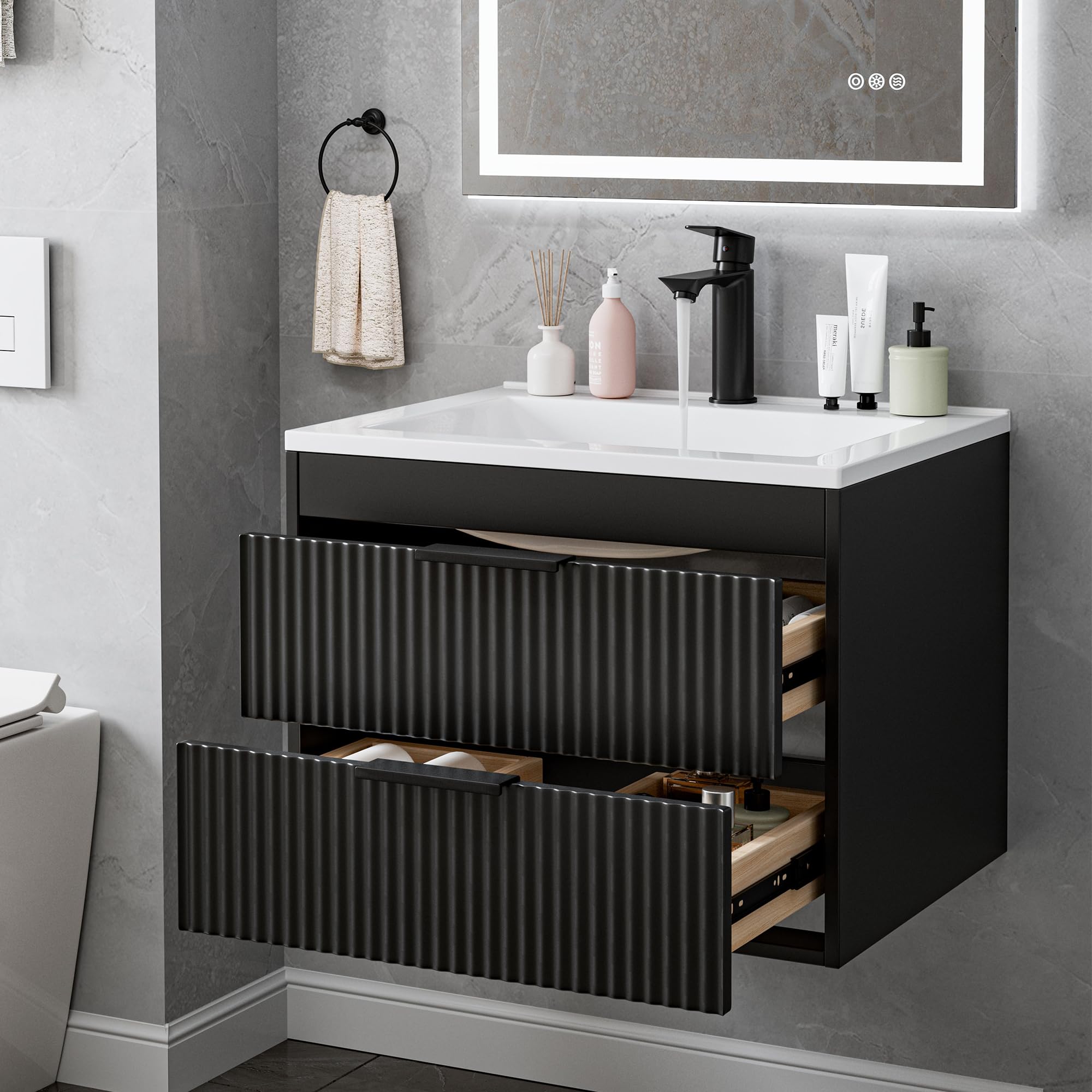 SUNTAGE easy-clean floating vanity surface designed for quick maintenance