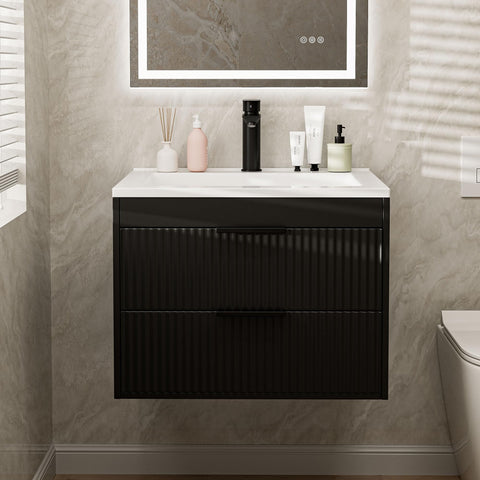 SUNTAGE black handles close-up on a contemporary vanity