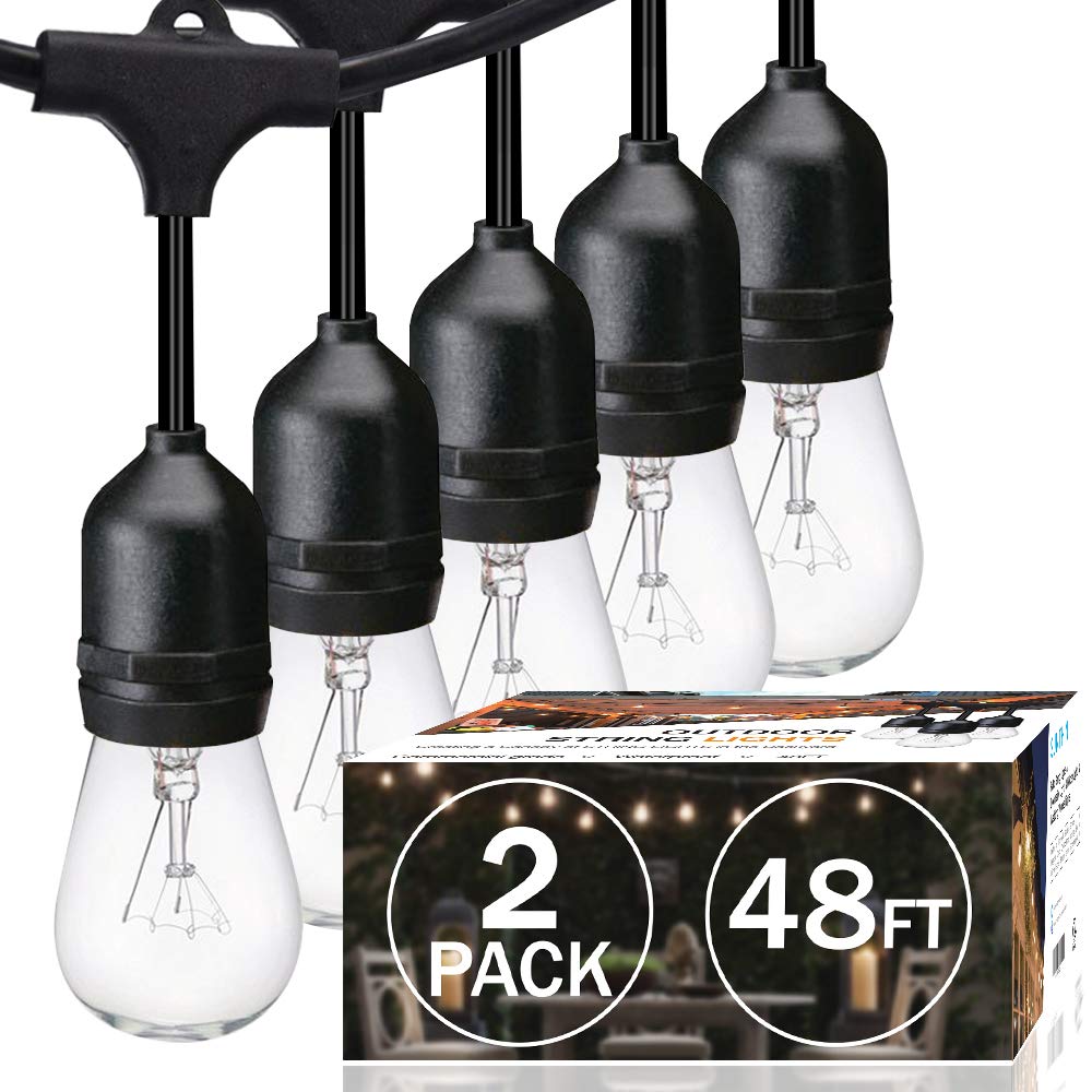 SUNTHIN 2-pack 48ft outdoor string lights with warm Edison bulbs for cozy patios.