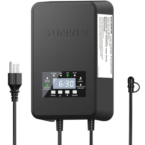 SUNVIE 120W outdoor transformer powering dusk-to-dawn landscape lighting.