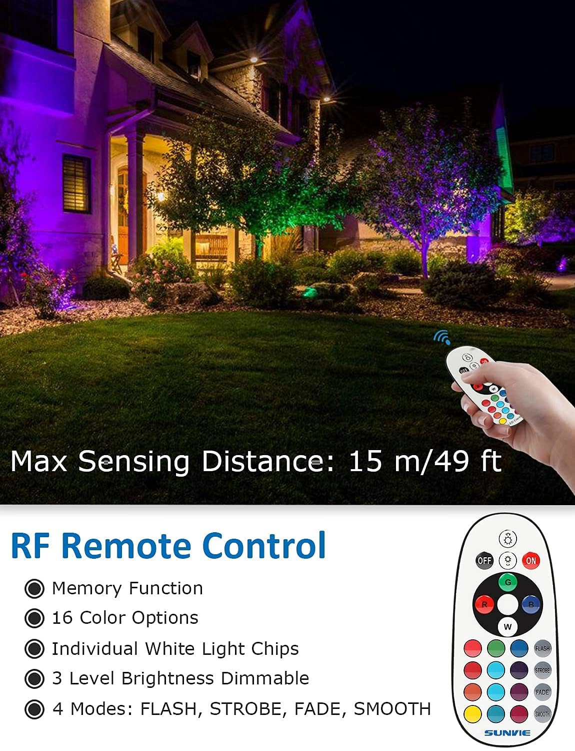 SUNVIE 12W RGB landscape light ground stake showing ground installation