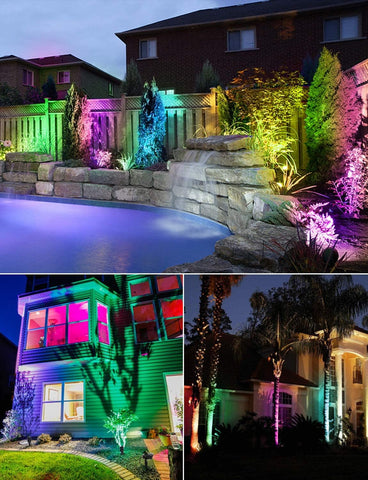 SUNVIE 12W RGB night illumination demonstrating colorful ambiance along the path