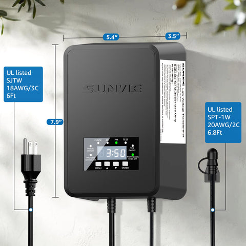 SUNVIE 200W transformer mounted along garden path with even illumination