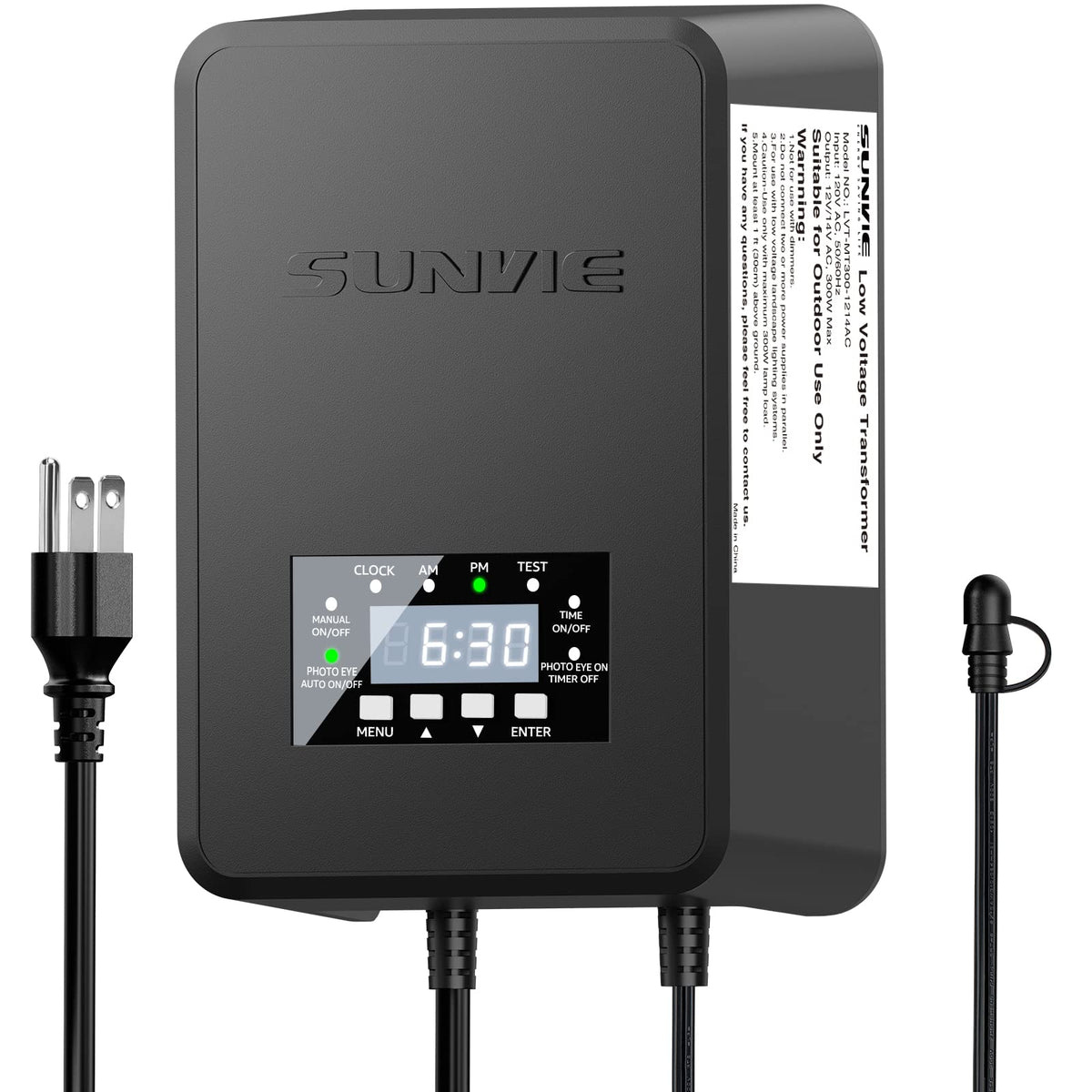 SUNVIE 200W transformer front view powering safe low-voltage lighting outdoors