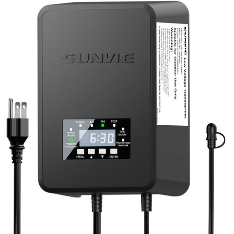 SUNVIE 200W transformer front view powering safe low-voltage lighting outdoors