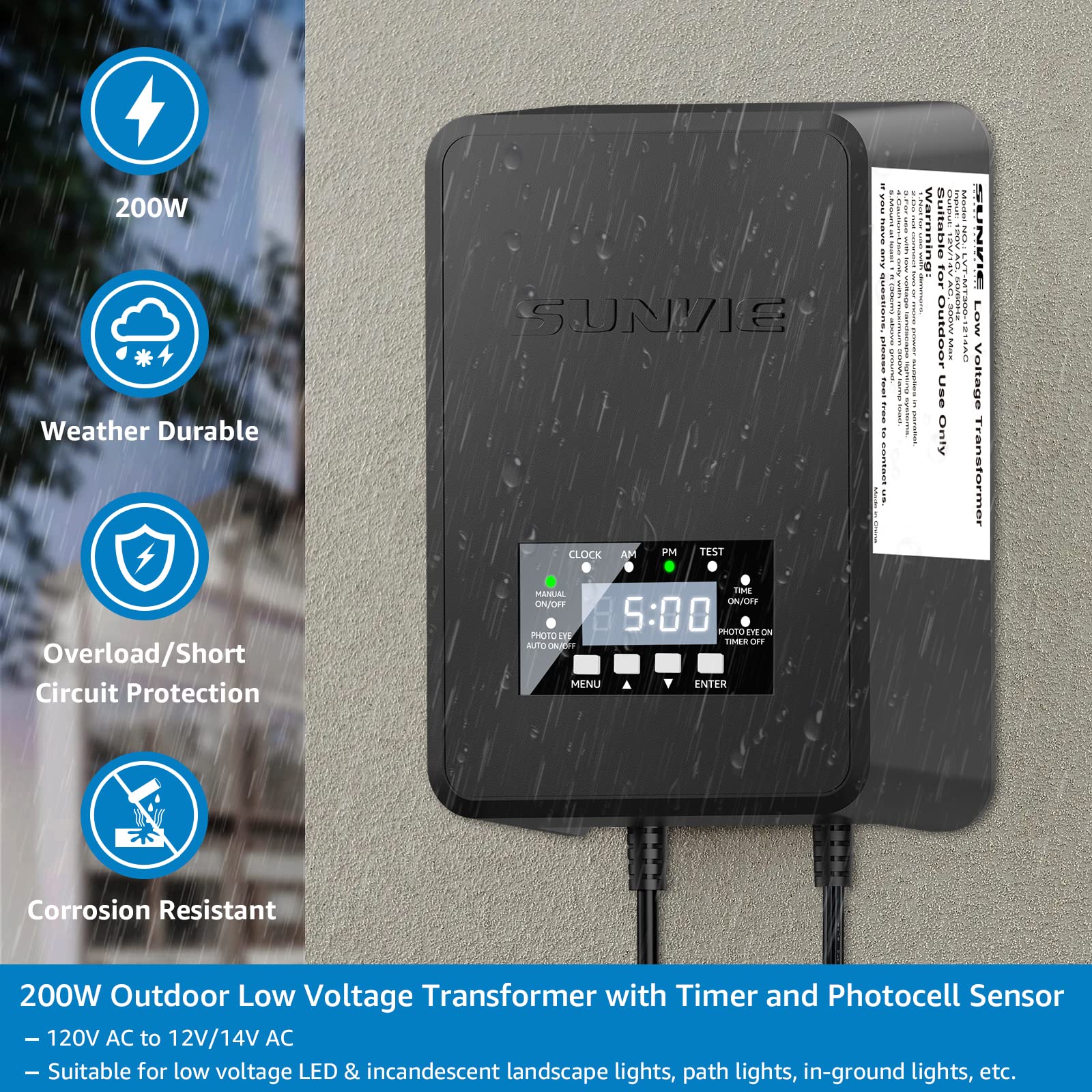 SUNVIE 200W transformer cords for indoor or outdoor installation