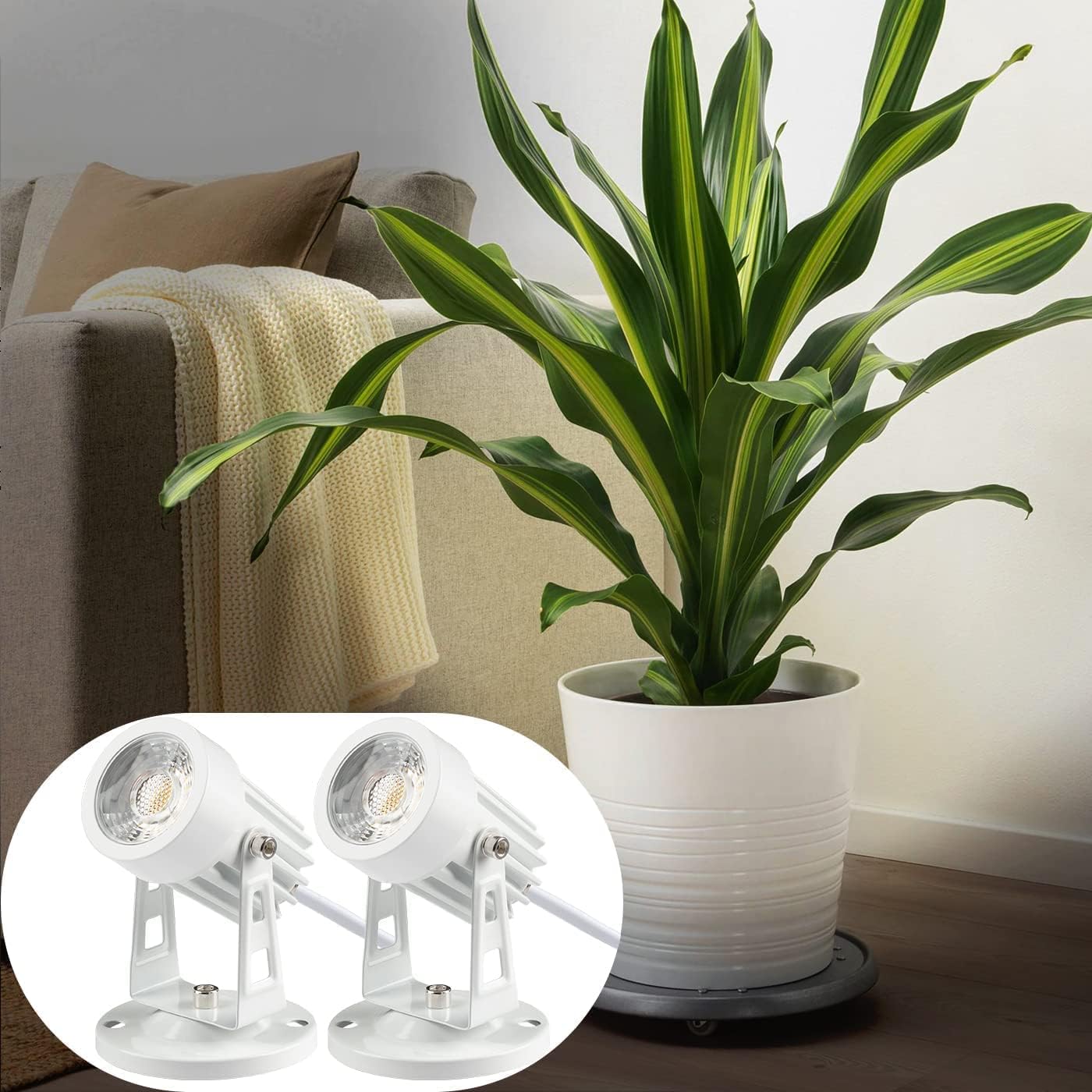 SUNVIE 2-pack plant spotlight highlights indoor foliage with warm white light.