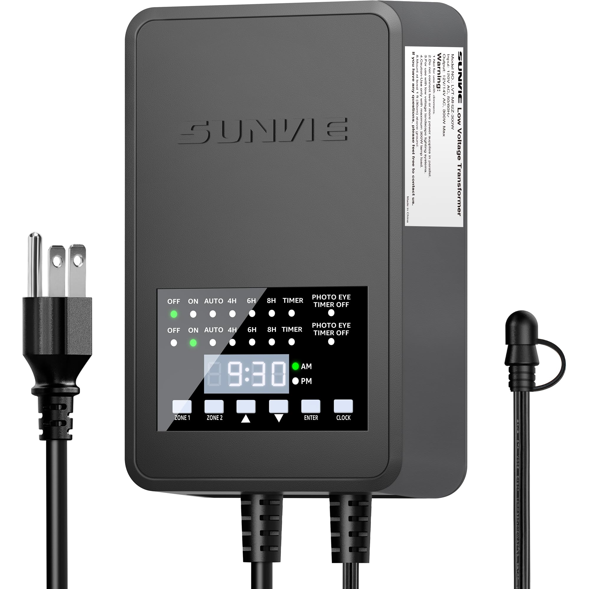 SUNVIE 300W transformer front view, compact and ready for outdoor lighting installations.