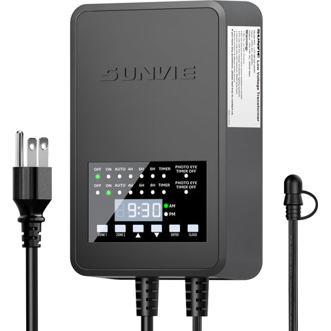 SUNVIE 300W transformer front view, compact and ready for outdoor lighting installations.
