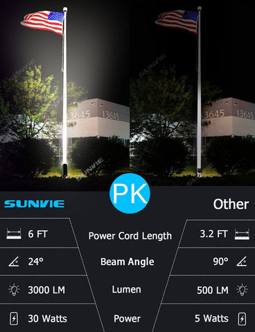 SUNVIE 30W 24-degree beam highlights precise garden features along paths.