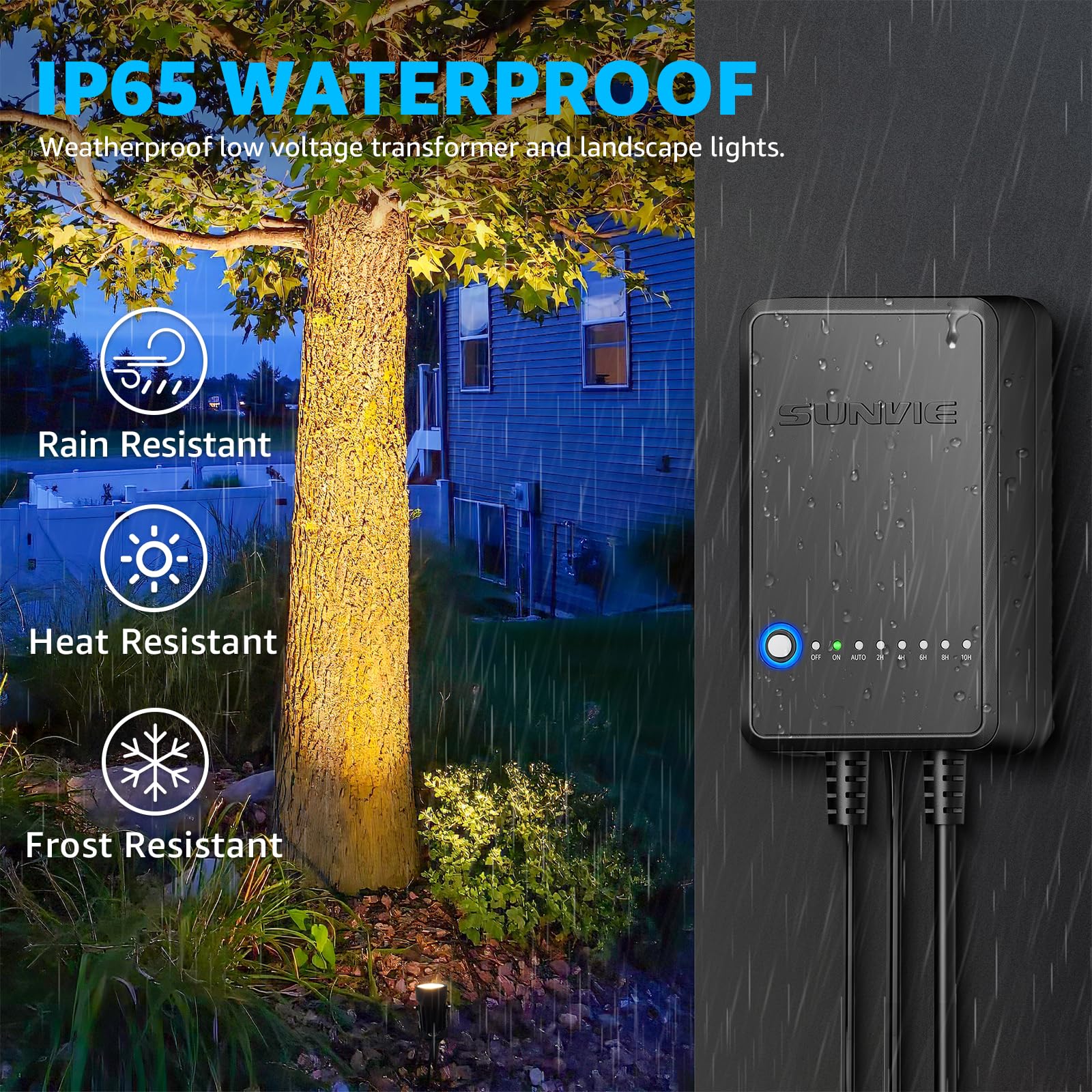 SUNVIE IP65 waterproof design withstands weather for outdoor use.