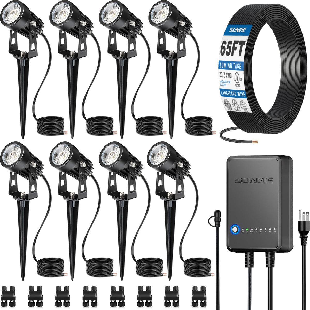SUNVIE all-in-one LED landscape kit transformer powers outdoor lighting
