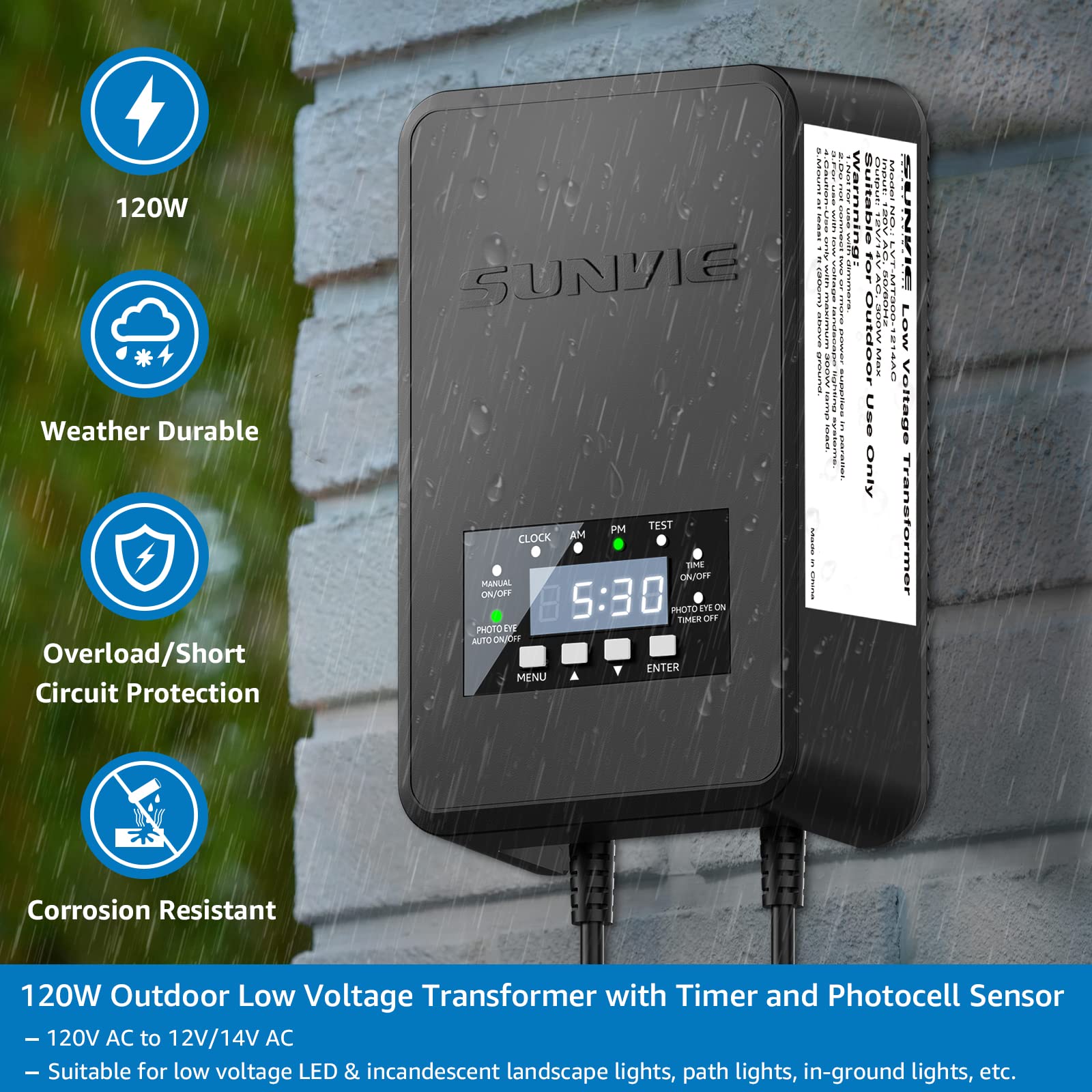 SUNVIE five-mode transformer offering manual, auto, timer, and test options.