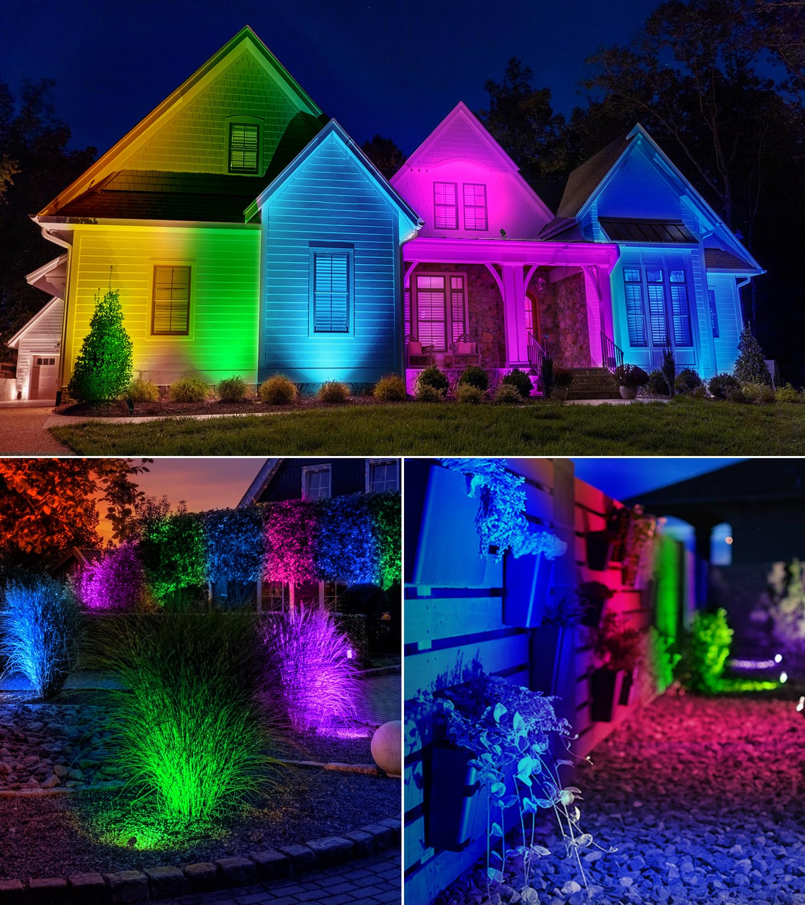 SUNVIE IP65 waterproof landscape lights used in garden settings during rain.