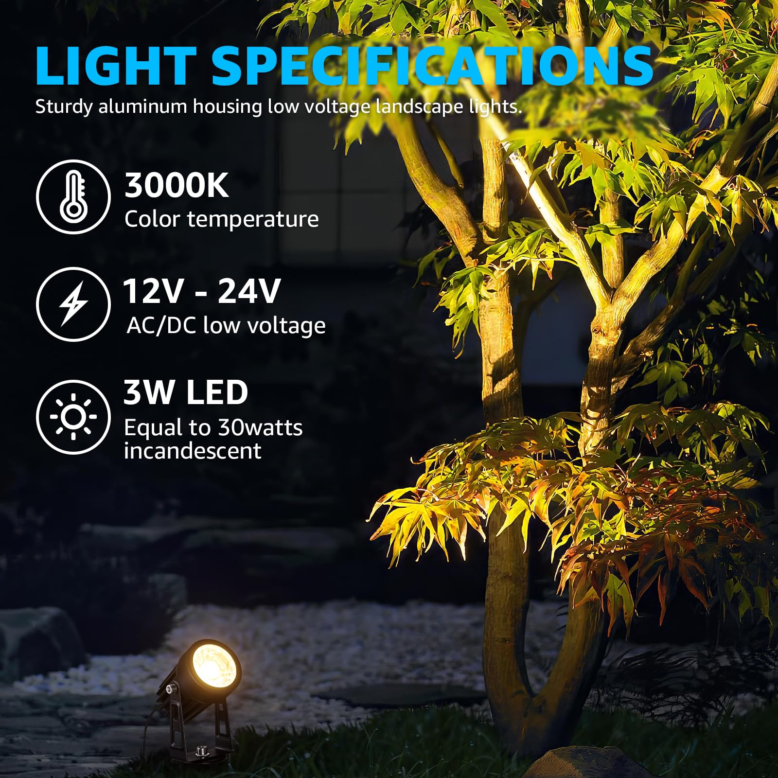 SUNVIE 3W landscape spotlight highlights trees and walls with warm glow.