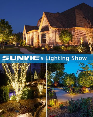 SUNVIE LED landscape lighting system setup for decks, paths, and gardens