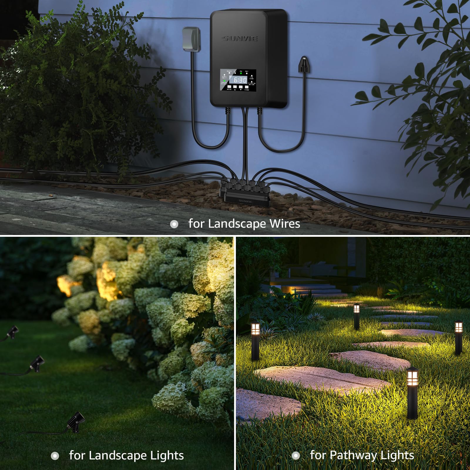 SUNVIE landscape lights wired through a robust hub for direct burial.