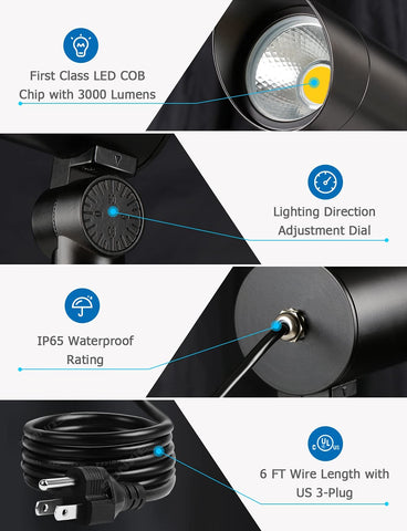 SUNVIE plug-in outdoor spotlight; hassle-free setup with included 6 ft cord.