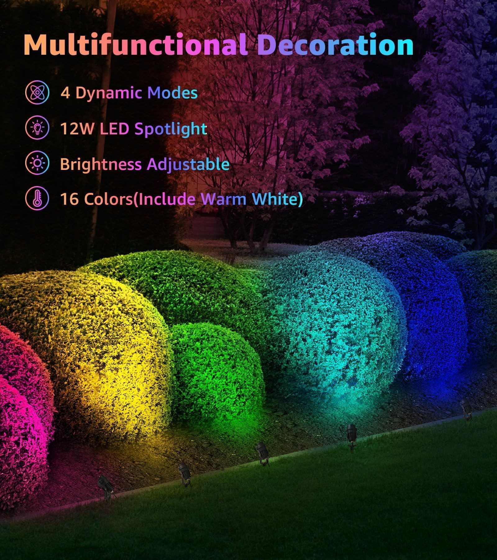 SUNVIE RGBW landscape light color-changing aluminum casing creates vibrant garden mood