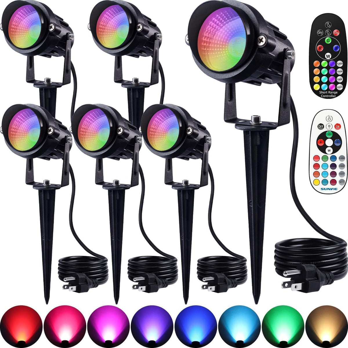 SUNVIE RGBW spot lights front view illustrating color-changing outdoor lighting for driveways.