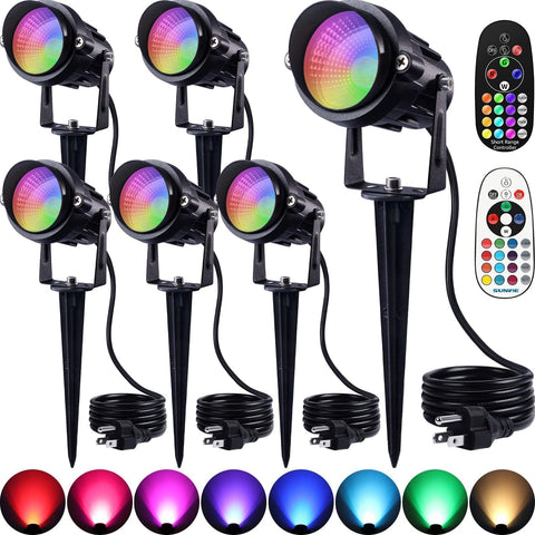 SUNVIE RGBW spot lights front view illustrating color-changing outdoor lighting for driveways.