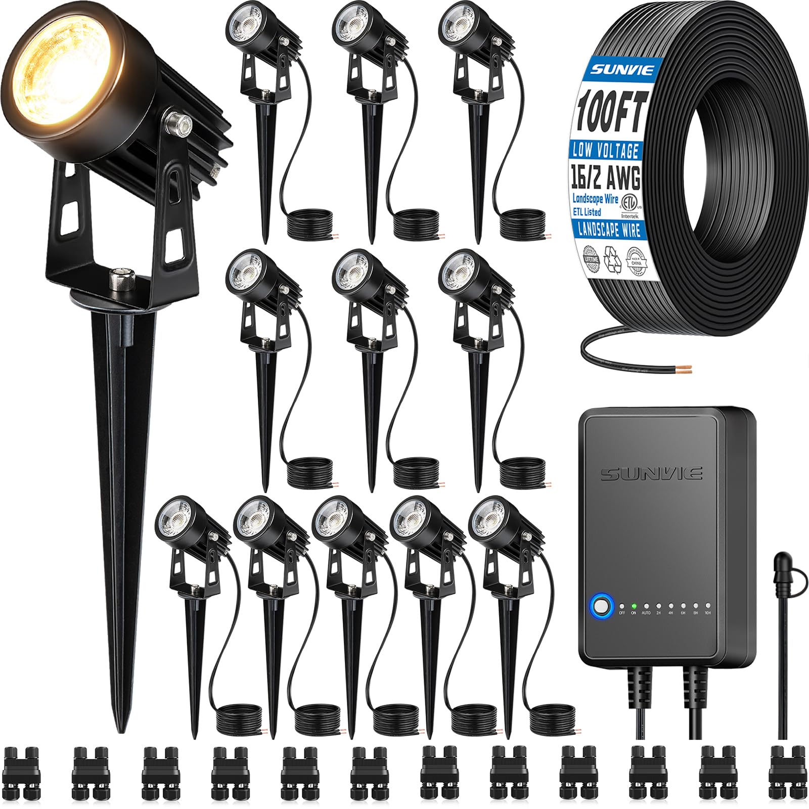 SUNVIE transformer 60W powering outdoor lighting with dusk-to-dawn control.