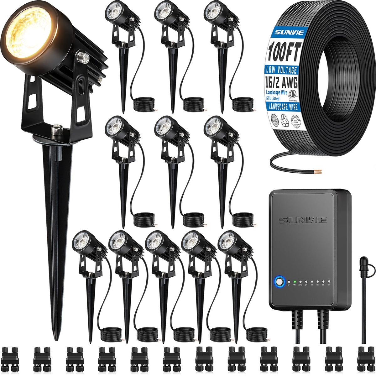 SUNVIE transformer 60W powering outdoor lighting with dusk-to-dawn control.