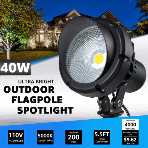 Sunvie yard spotlight reaches up to 30 feet for trees and landscaping.