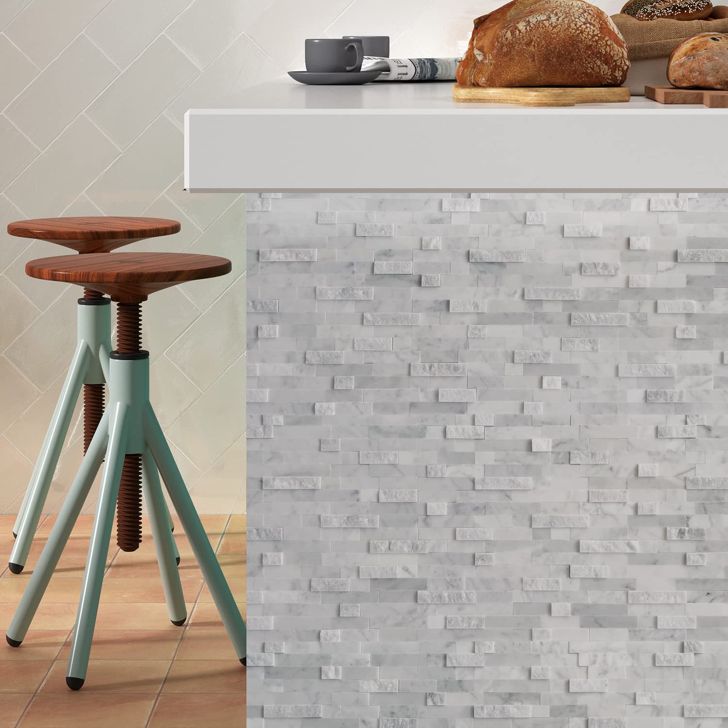 Sunwings 5-sheet mosaic natural 3D stone tiles adhesive backing visible for strong adhesion.
