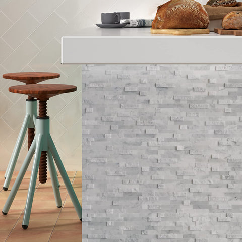 Sunwings 5-sheet mosaic natural 3D stone tiles adhesive backing visible for strong adhesion.