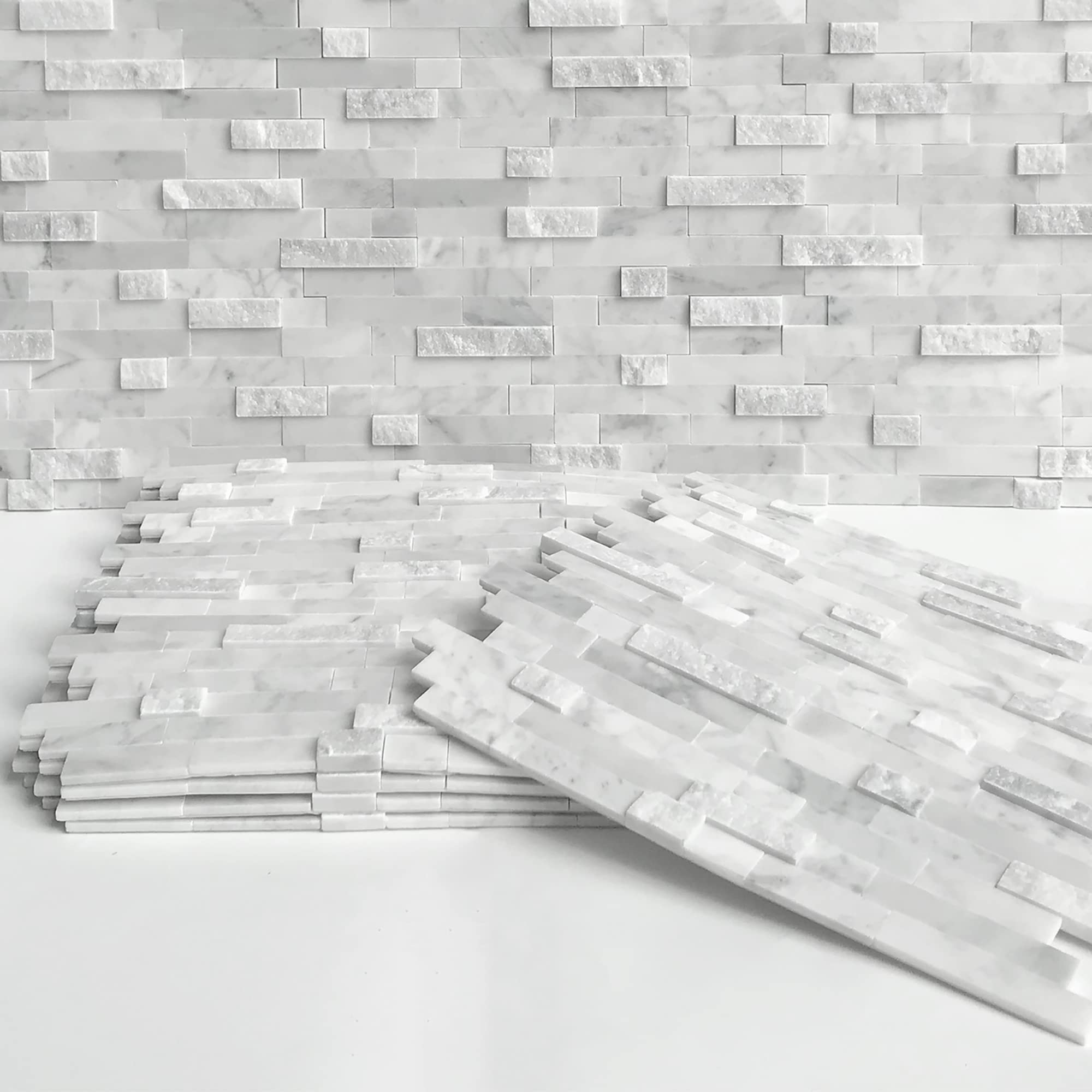 Sunwings 5-sheet mosaic natural 3D stone tiles bathroom wall close-up for a spa-like vibe.