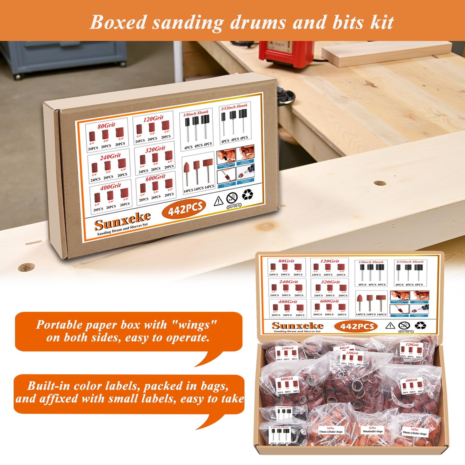 Sunxeke sanding drum 240-grit for refined sanding on surfaces.