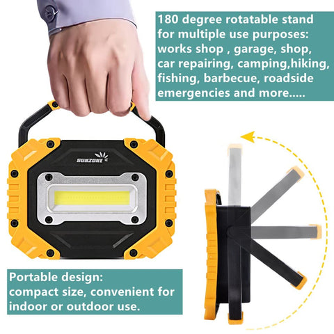 Sunzone LED work light with 180-degree stand enables flexible positioning.