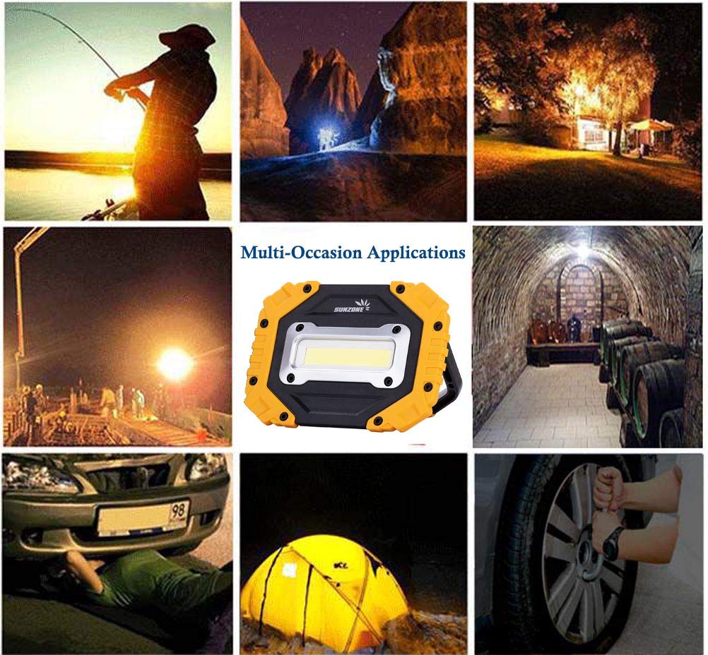 Sunzone LED work light car repair scenes emphasize quick illumination.