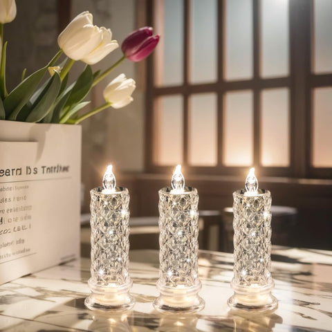 SupBri Rose Shadow LED candles in dim glow highlight intimate dinner settings