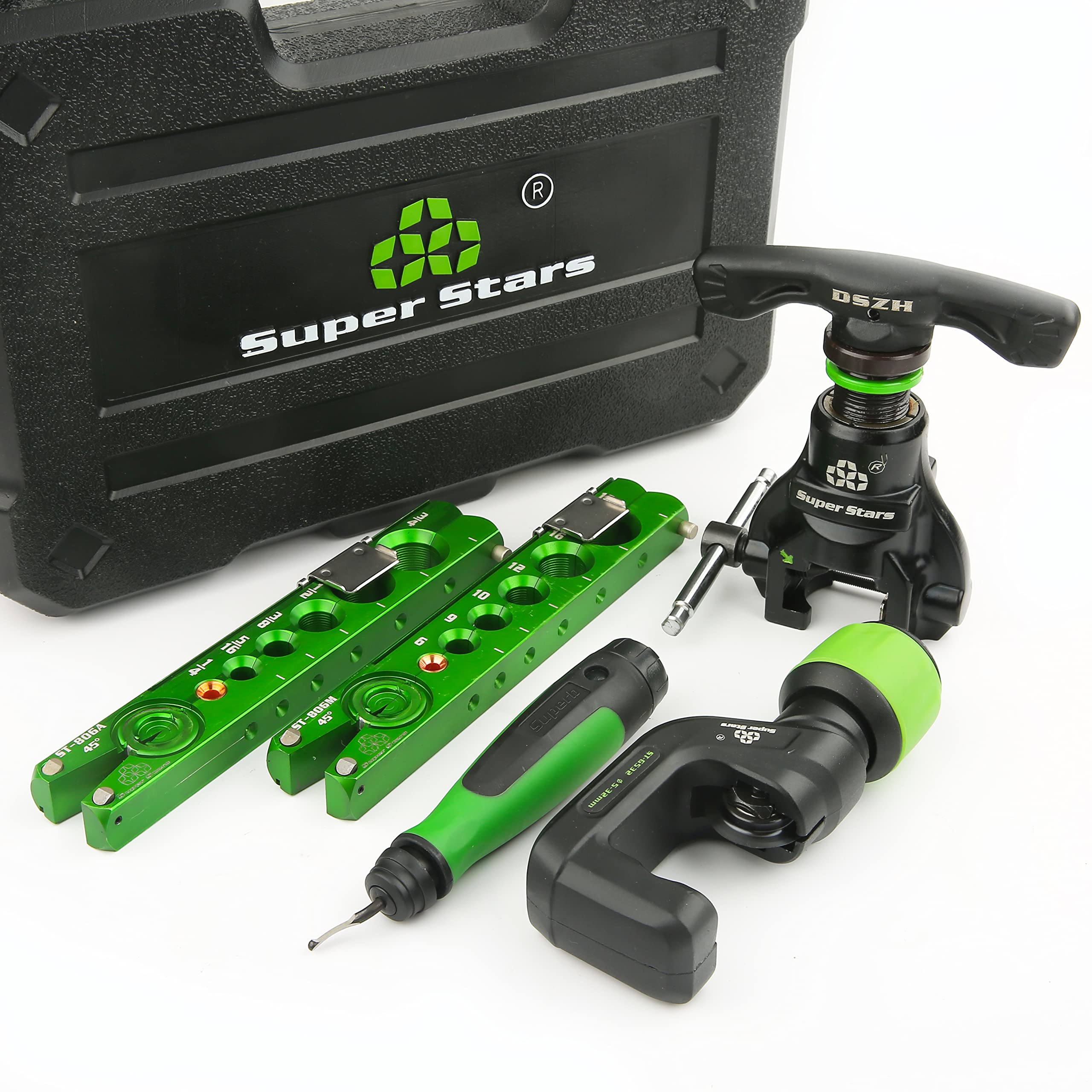 Super Stars flaring tool shows metric and inch clamps for versatile sizing.