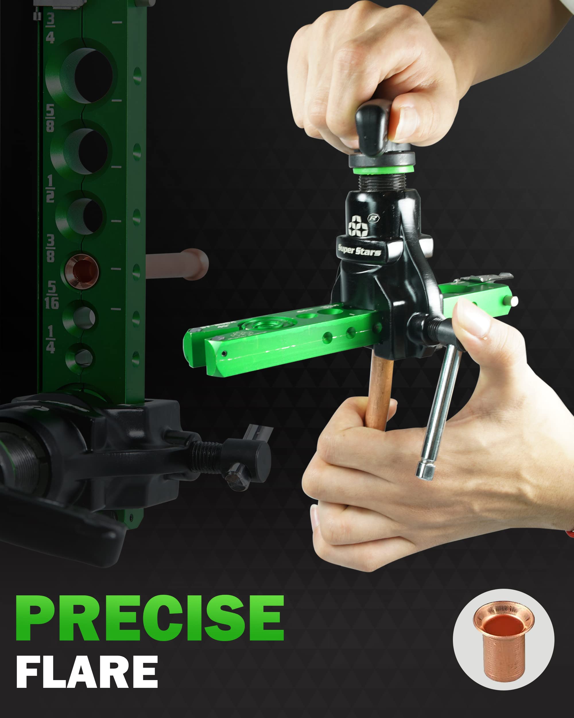Super Stars flaring tool features precision locating bar for alignment.