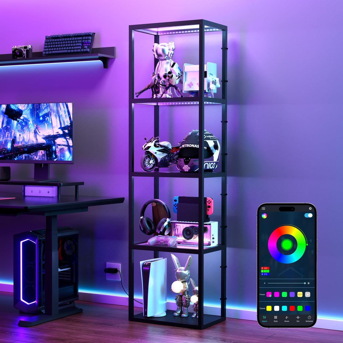 SUPERDANNY display cabinet with RGB lighting showcases collectibles with vibrant color options.
