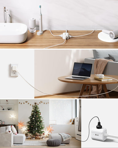 SUPERDANNY flat-angle plug shows a 45-degree design that fits behind furniture.