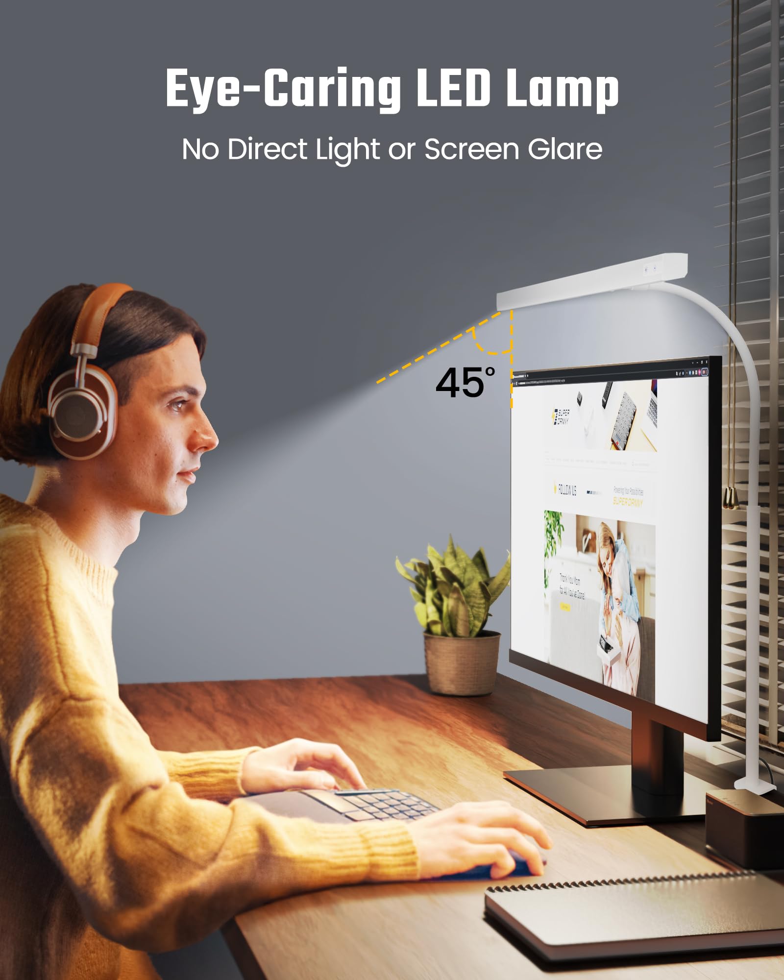 SUPERDANNY LED desk lamp shows 360° gooseneck for precise positioning.