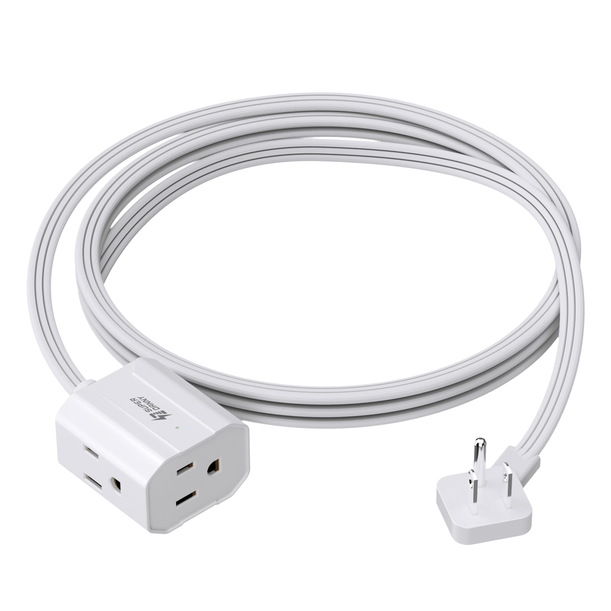 SUPERDANNY mini power strip with three outlets on three sides for clutter-free power access.