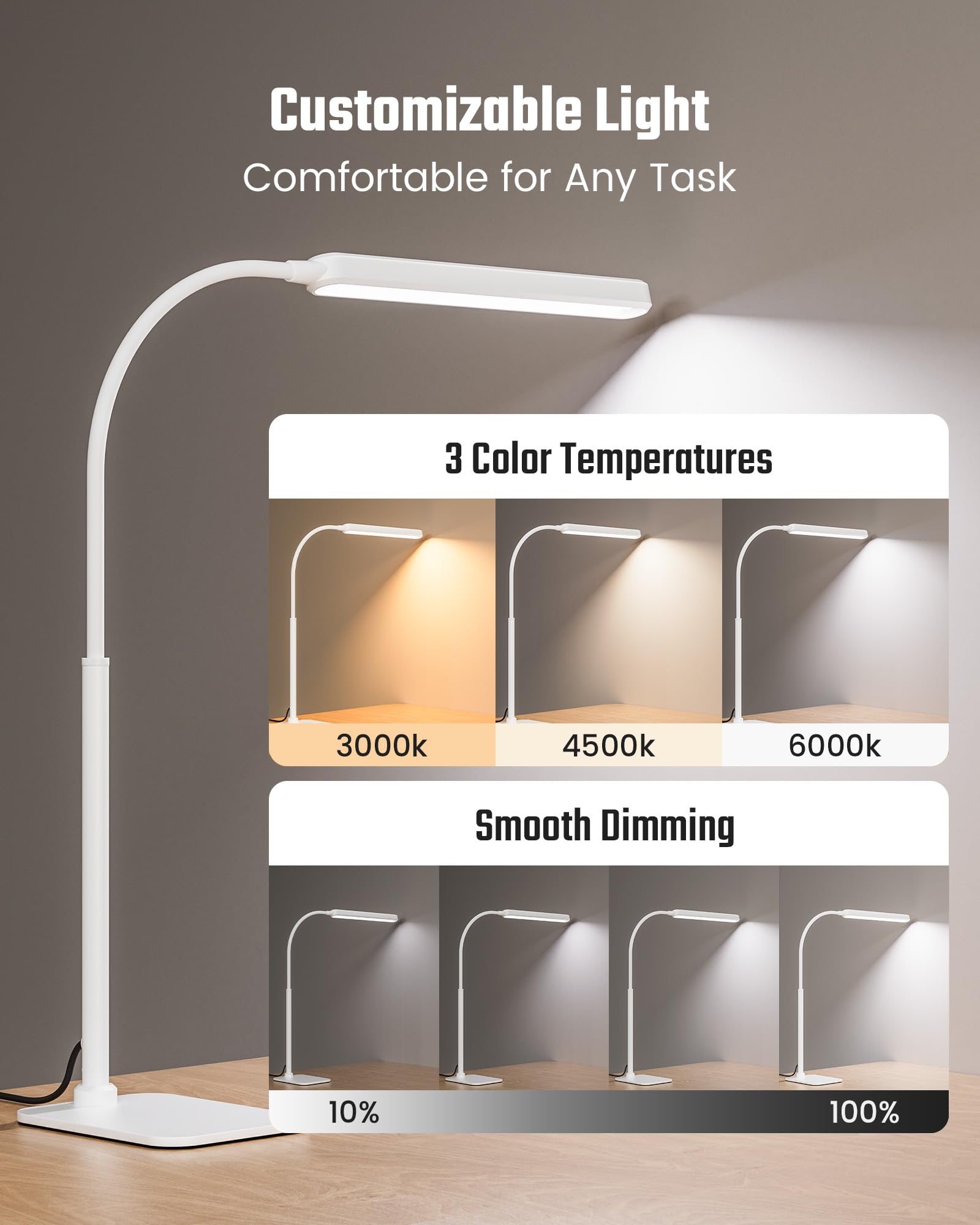 SUPERDANNY touch controls on the head offer quick, clutter-free brightness adjustments.
