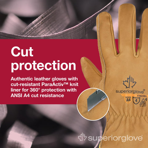 Superior Glove Endura cut leather gloves, inner-knit liner, comfortable fit with enhanced dexterity.