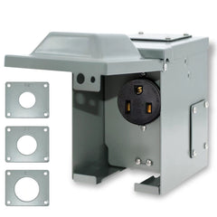 Suplevel 50 Amp outlet box front view showing weatherproof enclosure for outdoor use