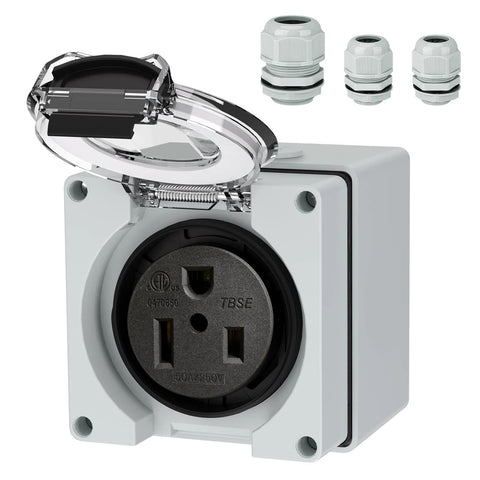 Suplevel 50A NEMA 6-50R outdoor box shown, rugged weatherproof enclosure for outdoor use.