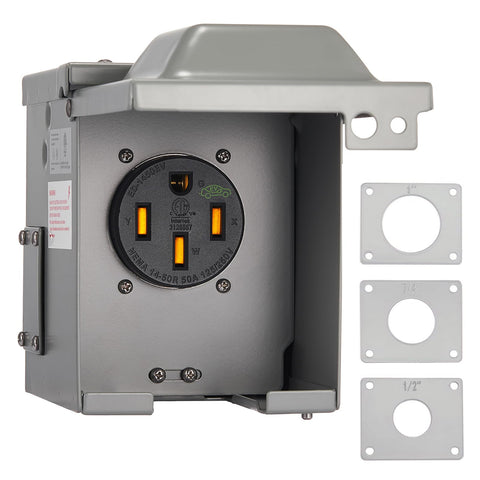 Suplevel 50A EV outlet box front view for reliable outdoors charging